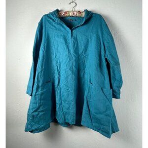 Amelline Top Womens XL Linen Henley Tunic Blouse Blue Lagenelook Pockets Casual
